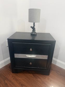 Black 3-Drawer Glam Nightstand with Glitter Trim & Lamp - 2 Available