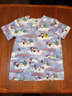 Peanuts Charlie Brown Snoopy Christmas Medical Scrub Top Small