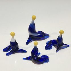 Tiny Seal Family 4/Miniature Whimsical Figurine Handblown Glass Art Collectible - UK