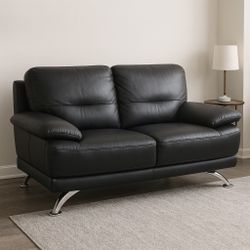 Black Leather Loveseat with Chrome Legs – Modern & Compact