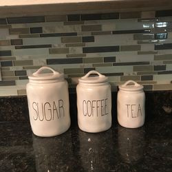 Ceramic Canisters Assorted set of 3 (Sugar, Coffee, Tea) White w/ Black Letters With Lids.