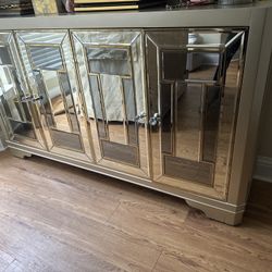 Mirrored Storage Buffet Cabinet Pewter Silver Gold Accent Table Entertainment TV Center 60”H X 15” X 34”D 