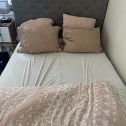 Queen Bed Frame – Grey Upholstered, Tufted Headboard