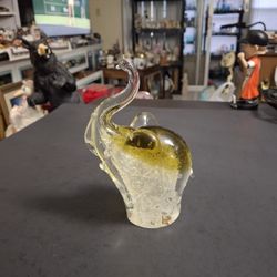 Murano Style Hand Blown Art Glass Elephant Figurine Using Bullicante Technique W/Controlled Bubbles In Amber & Clear, 6.5"H Weighs 2LBS 