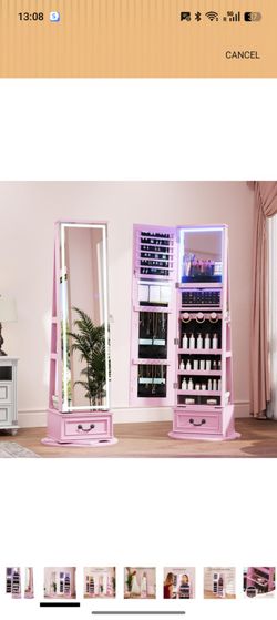 LVSOMT LED Mirror Jewelry Cabinet Standing, 360°Swivel Jewelry Armoire with Full Length Mirror, Mirror with Jewelry Storage and Large Wooden Drawer fo