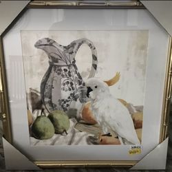NWT~Wall Art Decor Gold Framed Picture~White Cockatoo with colorful fruit and Pitcher 17 x 17