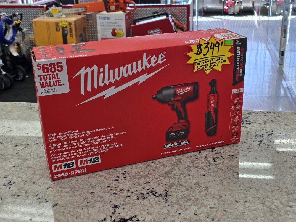 Milwaukee M18 Brushless 1/2" Impact & M12 3/8 Ratchet Kit NEW SEALED