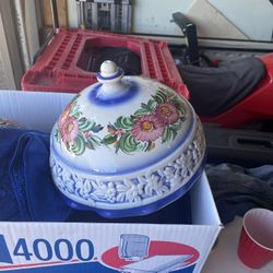 Hand Painted Floral Ceramic/Porcelain Spanish Hanging Light Fixture Shade Crazed