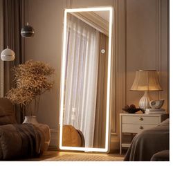 Full-length LED mirror, 64 x 21 inches, full-length mirror with rounded corners, freestanding for bedroom, dressing room, 3-color lighting, white