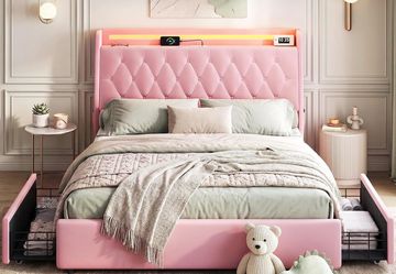 Pink Upholstered Bed Frame with LED Headboard and Storage Drawers