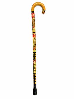 Vintage Hand Painted Wooden Walking Cane Folk Art Carved Stick Hook Handle Unique