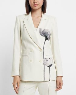 Express Women's Double-Breasted Hand Painted White Floral Blazer - Size 6