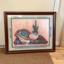 Vintage 80's Framed Southwestern Southwest Cactus Art Print By Gail Brown
