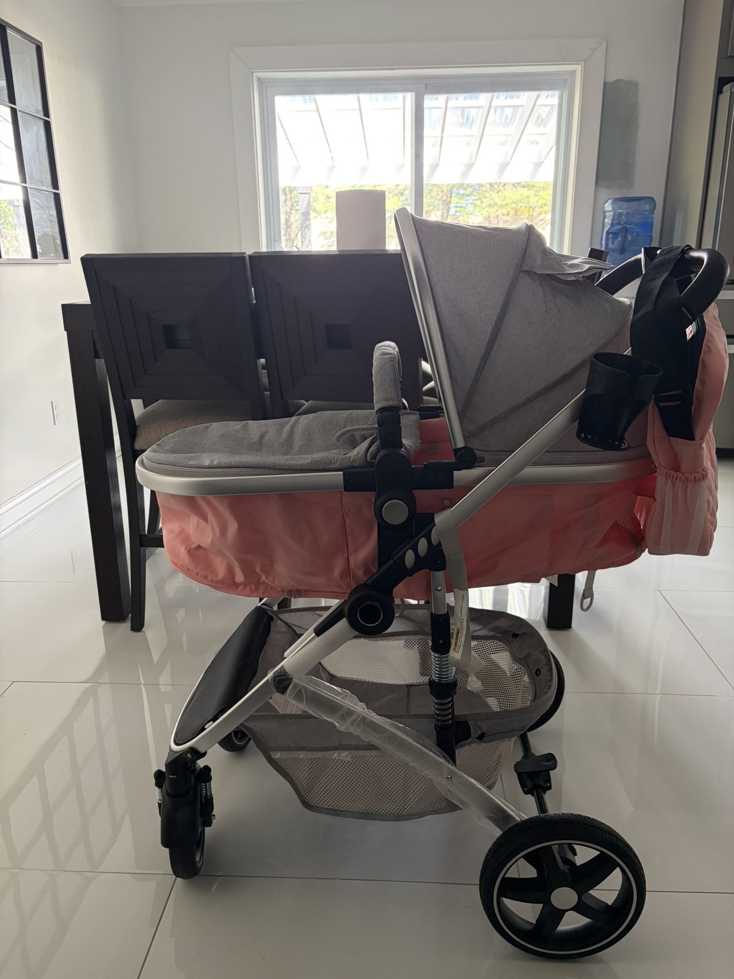 Baby Stroller, 2-in-1 Reversible Toddler Seat with Bassinet Mode, Foldable Infant Stroller with Canopy, One Button Brake, Adjustable Handle, Newborn P