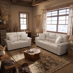 White Faux Leather Sofa and Loveseat with Storage Ottoman Bench, Upholstered Full Sofa Sleeper with 4 Accent Pillows, Ultimate Comfort Couch for Livin