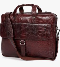 16” Crocodile Embossed Leather Laptop Briefcase 5 Zipper Pockets 2 Compartments