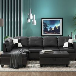 Black Leather Sectional Couch And Ottoman