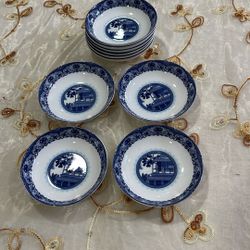 10 PSC Vintage Japanese Porcelain small Bowls Blue And White