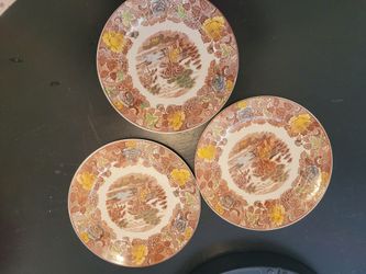 Vintage ceramic plate in the Mountain Woodland pattern by Nasco, made in Japan