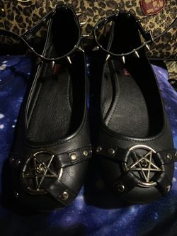 Demonias Black Pentagram Spiked Flats Ballet Looking Shoes GOTHIC. Size 8 