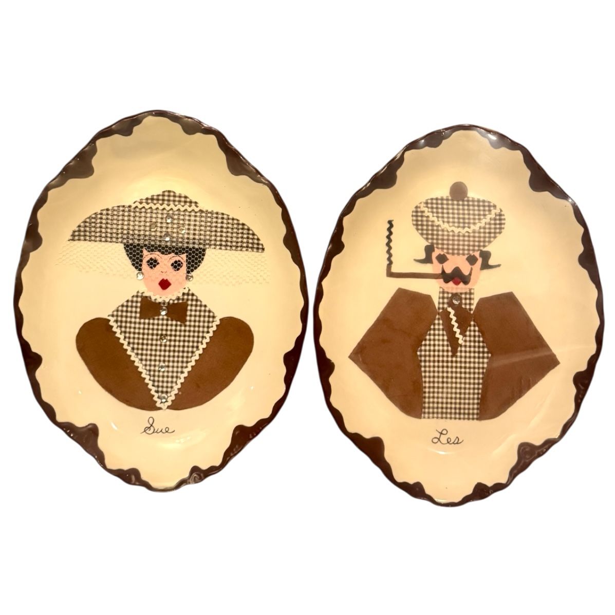 Vintage 1960’s Victorian Felt Man & Woman Decorative Plate Set Of 2