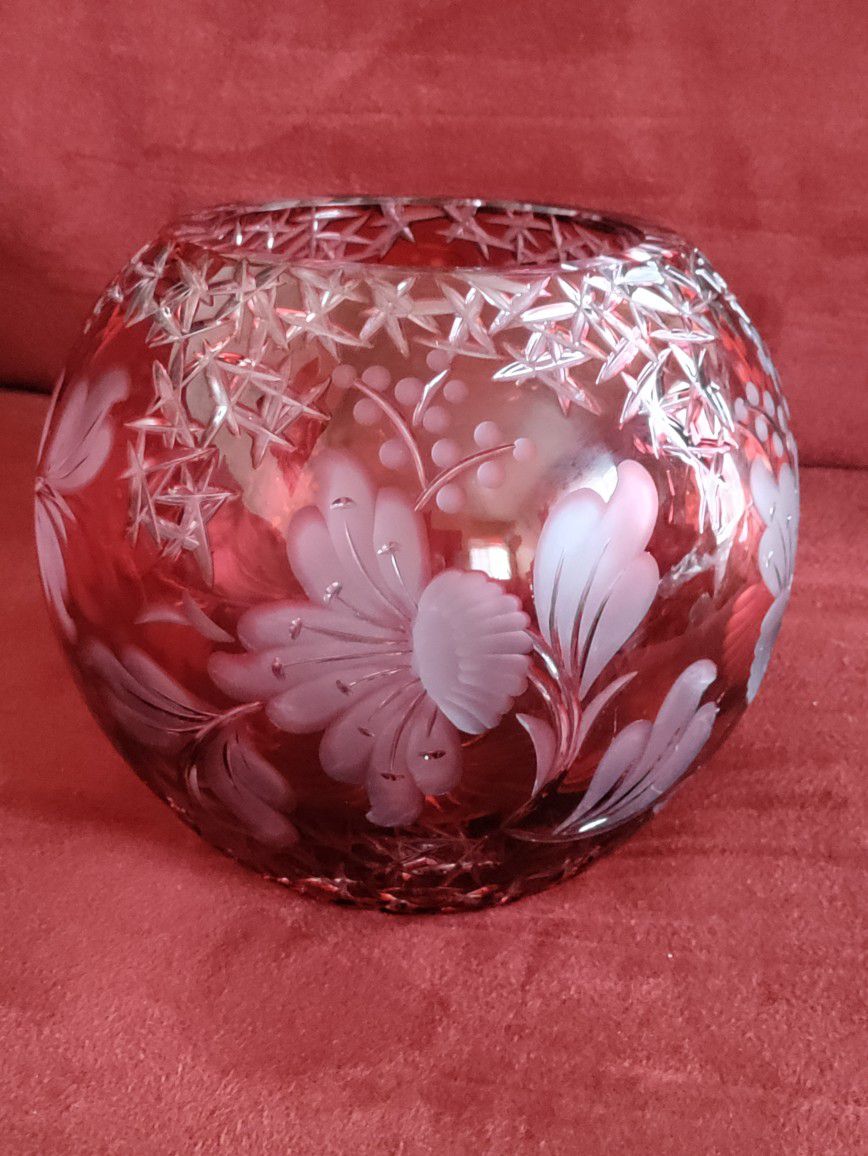 Vintage Bohemian Czech Floral Cut to Clear Ruby Red Crystal Bowl Vase.Nice.