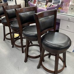 Bar Stool 24"h Set 2 Pc Cherry Finish, Espresso Faux Leather, Solid Wood,others. Swivel. 17.5"dia X37.5"h. New Especial Price