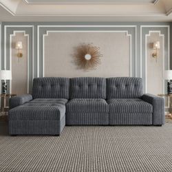 New Large 133.9" Gray Corduroy Tufted Wide 3 Seat Sofa & Ottoman on Solid Wood Frame