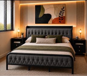 King Bed Frame with Charging Station, Heavy Duty Platform with black Upholstered K-1