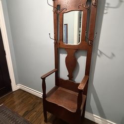 Tiger Oak Hall Tree Bevelled Mirror and Carvings