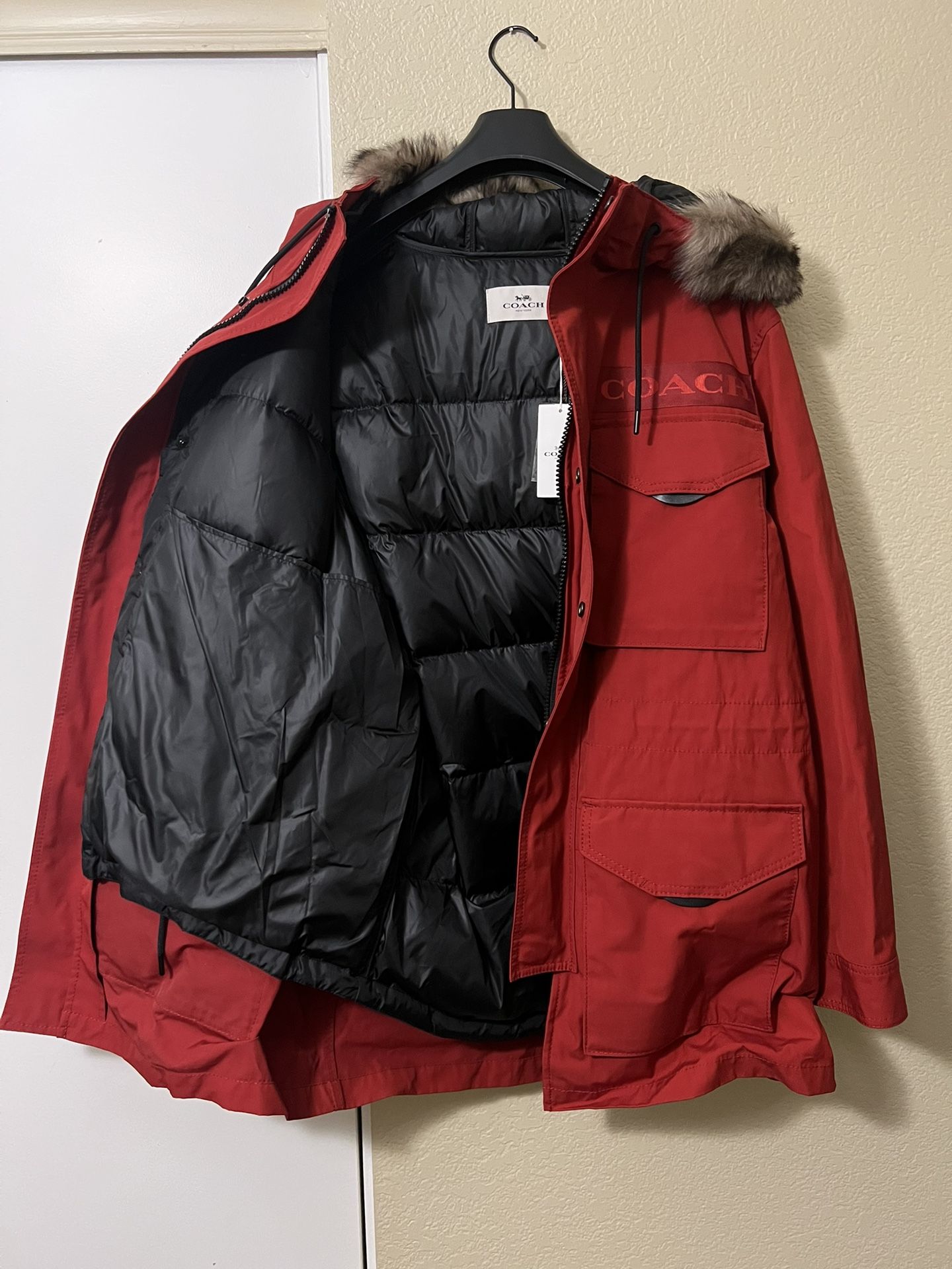 Coach Red Men 3 In 1 Parka With Shearling