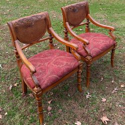 Vintage Set Of 2 Ornately Carved Wood Double Caned Back Upholstered Seats Accent Chairs