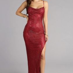 Burgundy Fishnet Column Formal Dress