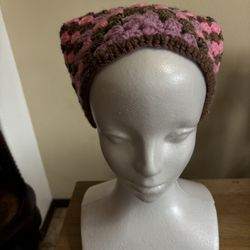Handmade, crocheted, pink and brown headband bandanna
