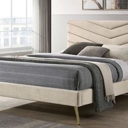 Brand New Beige Mid Century Modern Style Queen Bed Frame (Available In California & Eastern King)