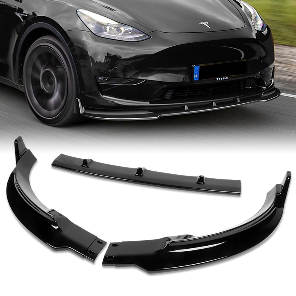 For 2020-2024 Tesla Model Y STP-Style Painted Black Front Bumper Spoiler Lip 3pc -(2-PU-547-PBK