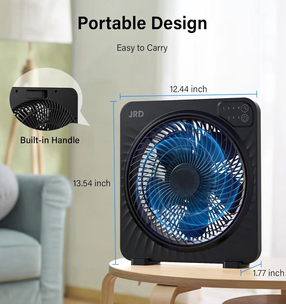(4444-83) JRD 13" Box Fan with Powerful Airflow, Quiet Cooling Desk Fan with Digital Touch Screen, 3 Speeds, 5 Blades, 15h Timer, Portable Table Fan f