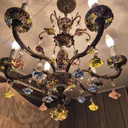 Exquisite Vintage Capodimonte-Style Polychrome Ceramic Chandelier