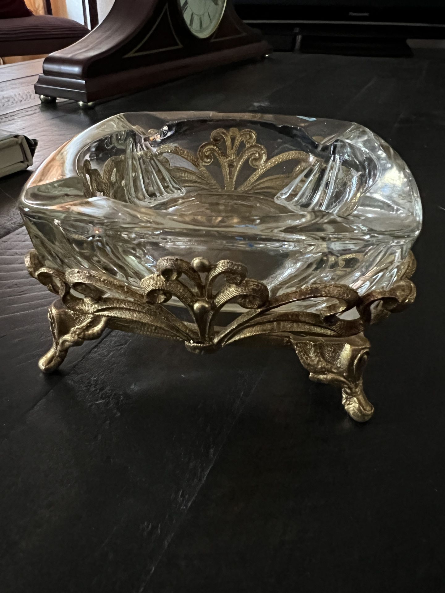 Antique Gilded Glass And Metal Ashtray 