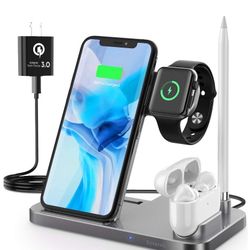 4 in 1 Wireless Charging Station, Saferell 2020 Upgraded Qi-Certified Fast Charging Dock Stand for Apple Watch Series 6/SE/5/4/3/2, AirPods & Pencil,