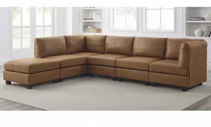 Modern 120 in. 6-Piece Faux Leather Modular Sectional Sofa in. Brown with Ottoman Removable Cushions