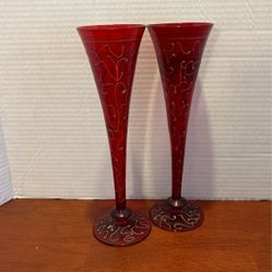 2 Vintage Champagne Flutes Red Flash Gold Swirl Hand Blown Hand Painted 10“ X 3“LR