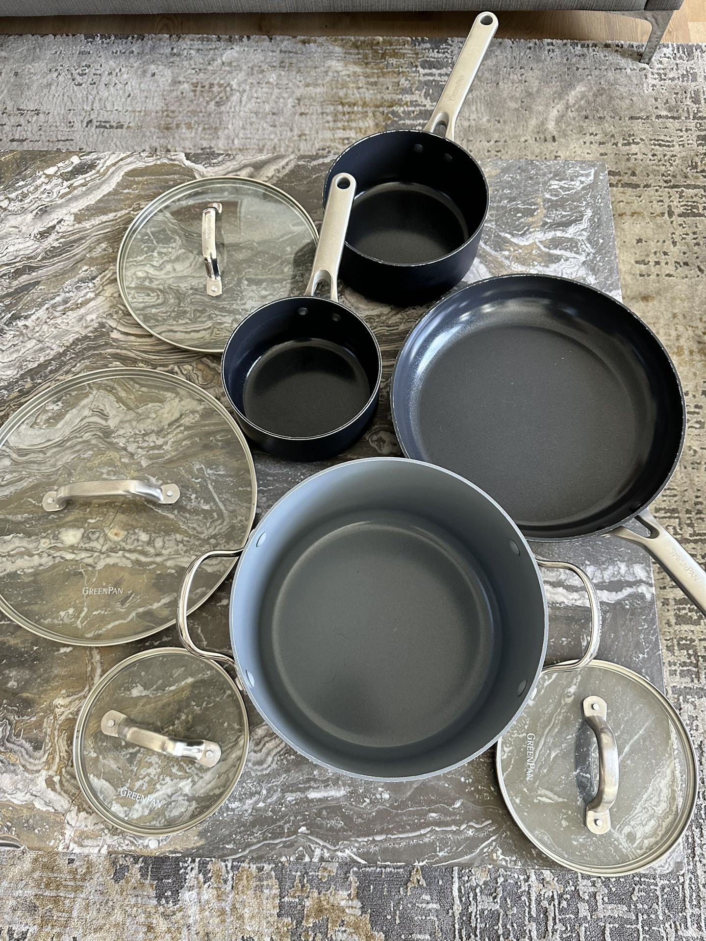 Brand New GREEN PAN Ceramic Pots 3 With Lids And 12 Inch Pan With Lid