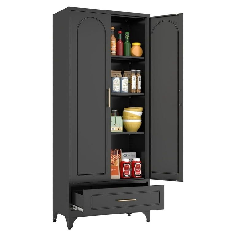 Polup 75" H Black Kitchen Pantry Storage Cabinets with Drawers, Doors and Shelves, Steel Large Cupboard