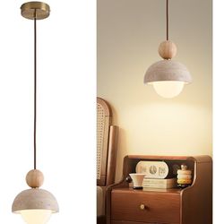 Set Of 2 Natural Stone Pendant Lights, Wabi Sabi Travertine & Wood Hanging Lamp for Kitchen Island, Hallway, Bedroom, Dining Room Ceiling Decor 