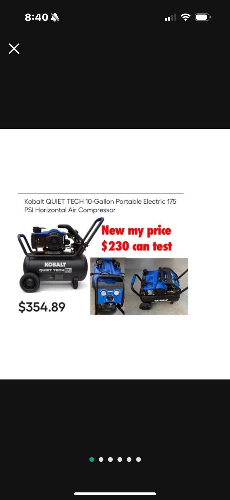 New Kobalt QUIET TECH 10-Gallon Portable Electric 175 PSI Horizontal Air Compressor $230 firm can test cash only pick up east Palmdale