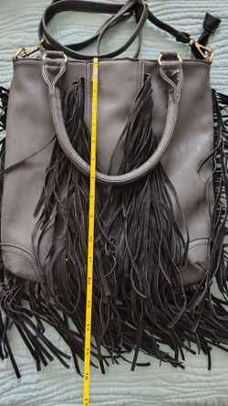 Gray Faux Leather Fringe Crossbody Handbag