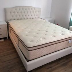 Queen Bed Frame White Tufted Headboard with diamond buttons🤩New