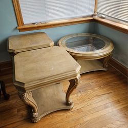 Round Wood Table for Living Room And 2 Solid Wood Sofa Side Table
