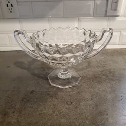 vintage press glass compote bowl with trophy handles and cut diamond. 